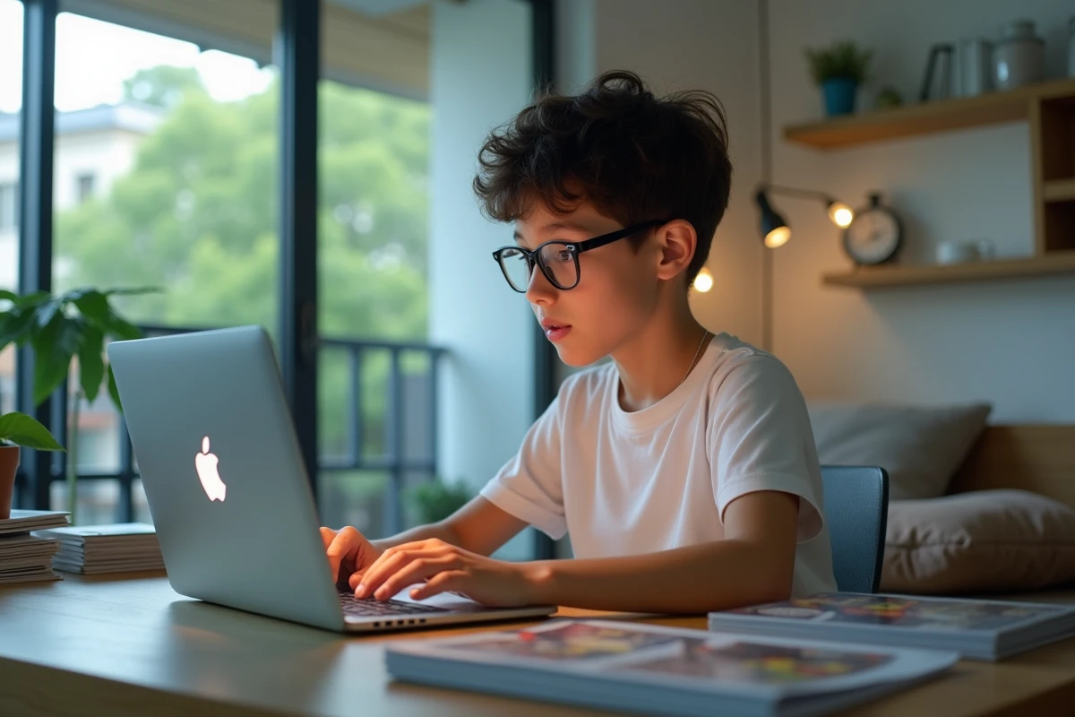 Adolescent curieux naviguant sur un site de manga sur son ordinateur portable