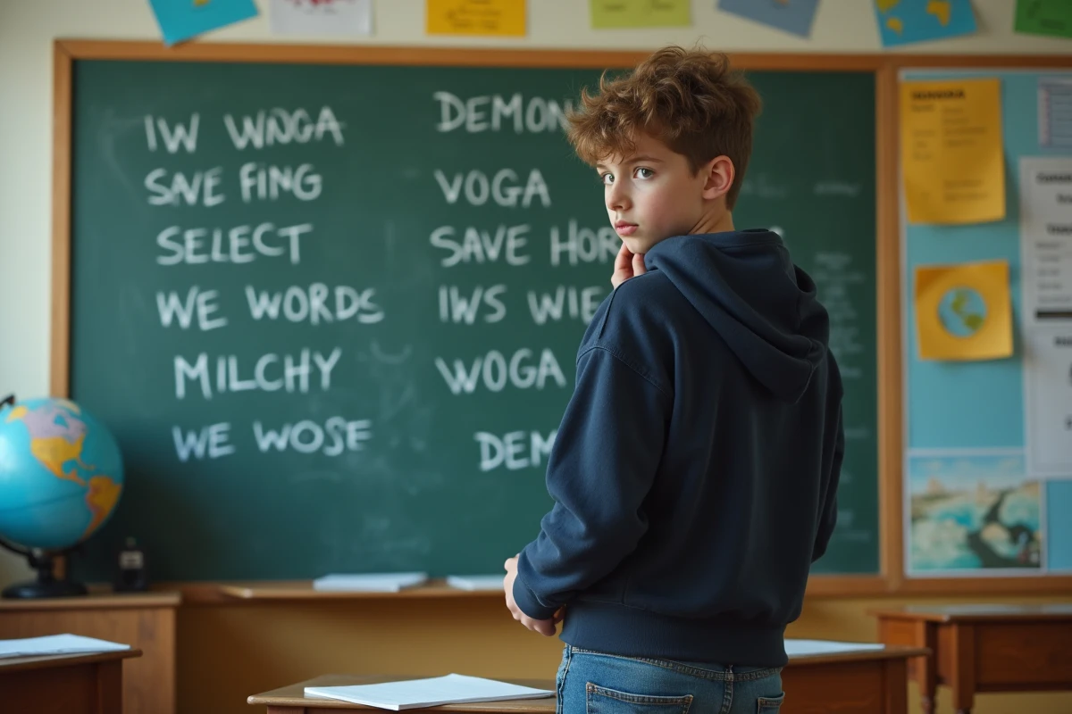 Adolescent en hoodie écrivant des traductions en classe