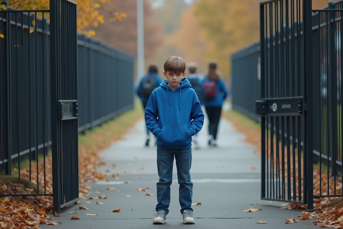 Adolescent seul devant une école en automne