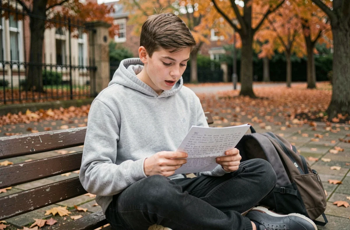 Adolescent lisant un poème écrit à la main dans la cour de l'école en automne