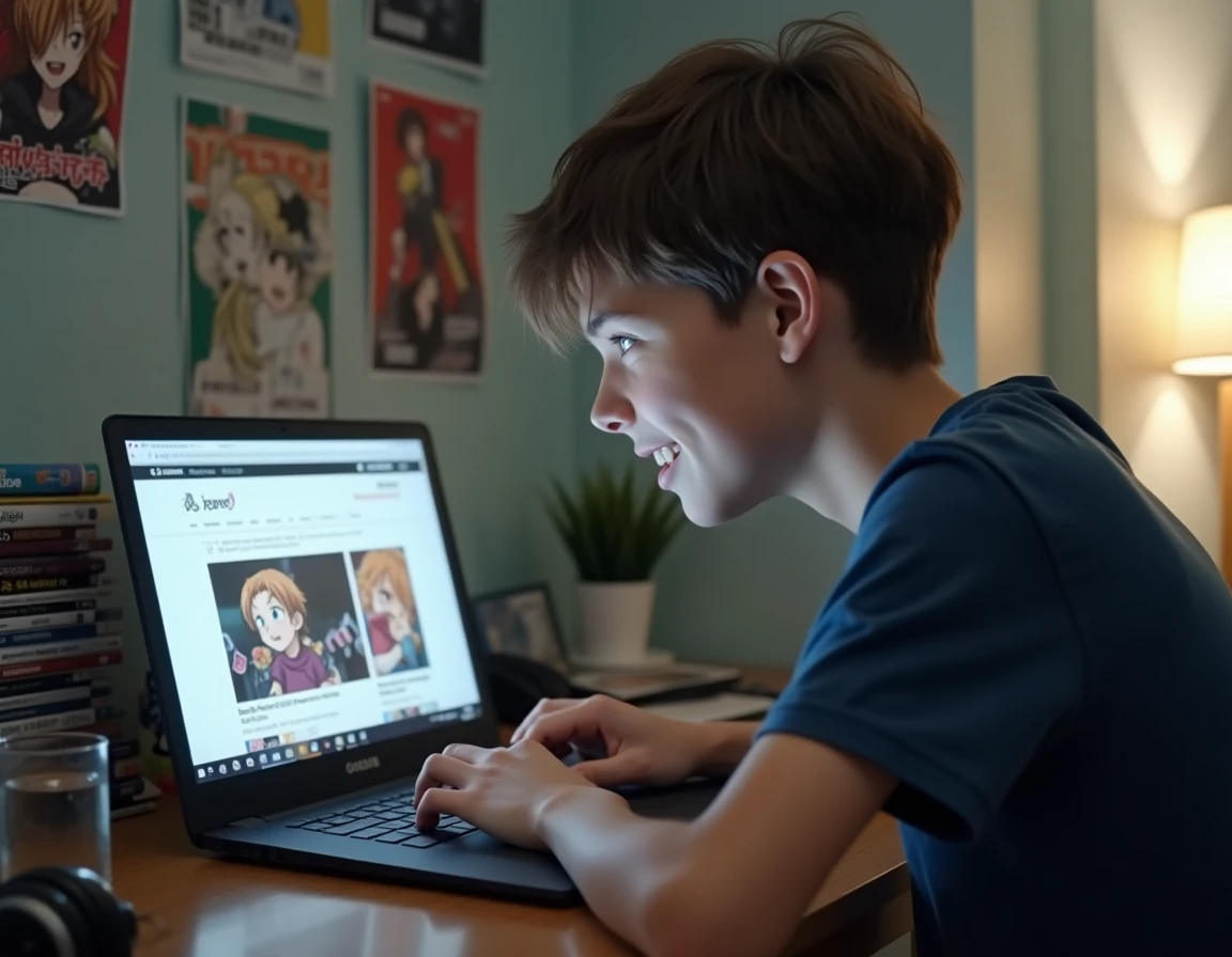 Adolescent lisant des scans manga VF gratuits sur un ordinateur portable dans sa chambre, avec des volumes manga empilés sur le bureau