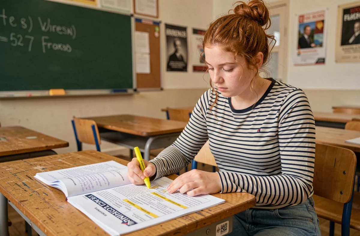 Adolescente surlignant des titres sur la liste étoiles francelecture dans une salle de classe avec cahier de notes