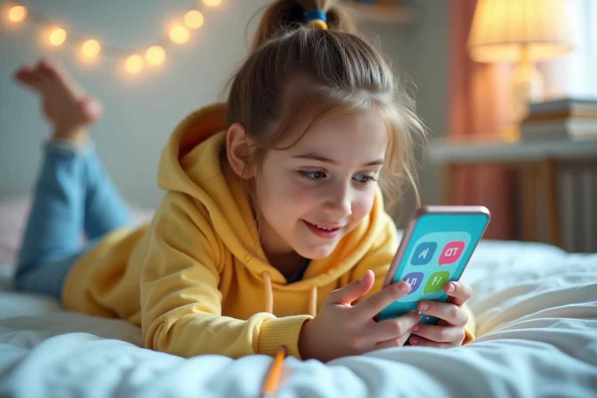 Adolescente jouant à un jeu de devinettes de mots sur smartphone allongée sur son lit