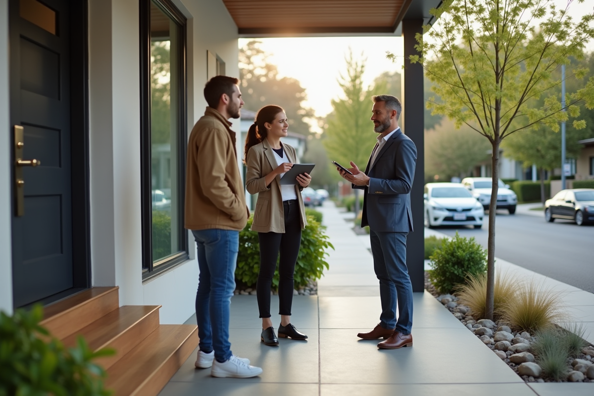Agent immobilier expliquant une maison moderne à un jeune couple