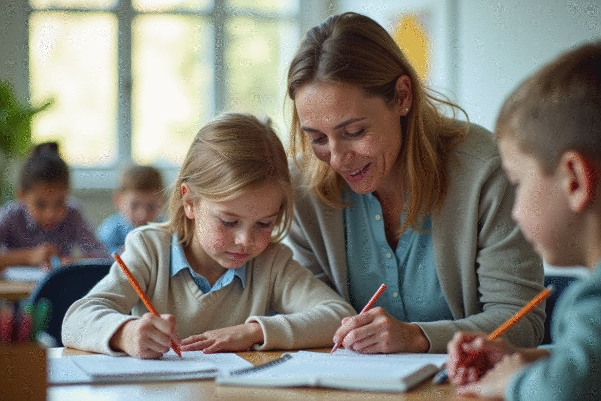 Un adulte aidant un élève dans une classe lumineuse