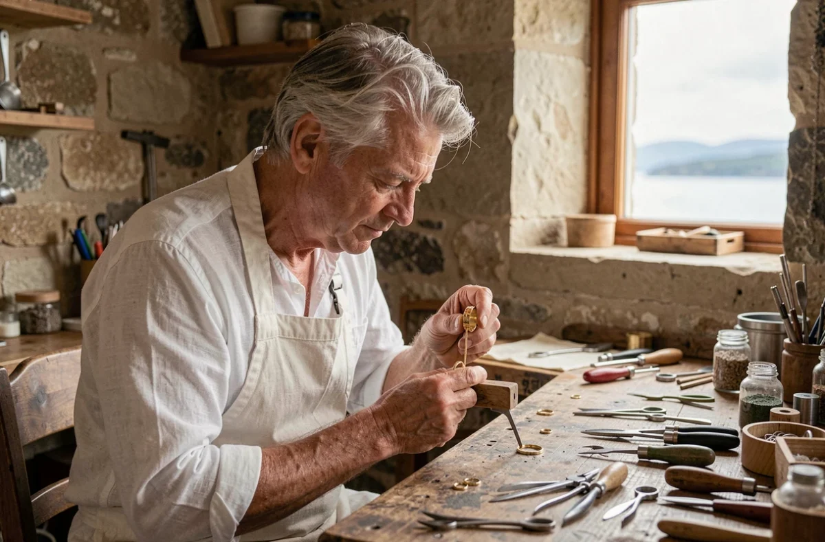 Bijoutier joaillier Alexandre Régent travaillant à sa table de travail dans son atelier de Sarzeau, examinant une bague en or