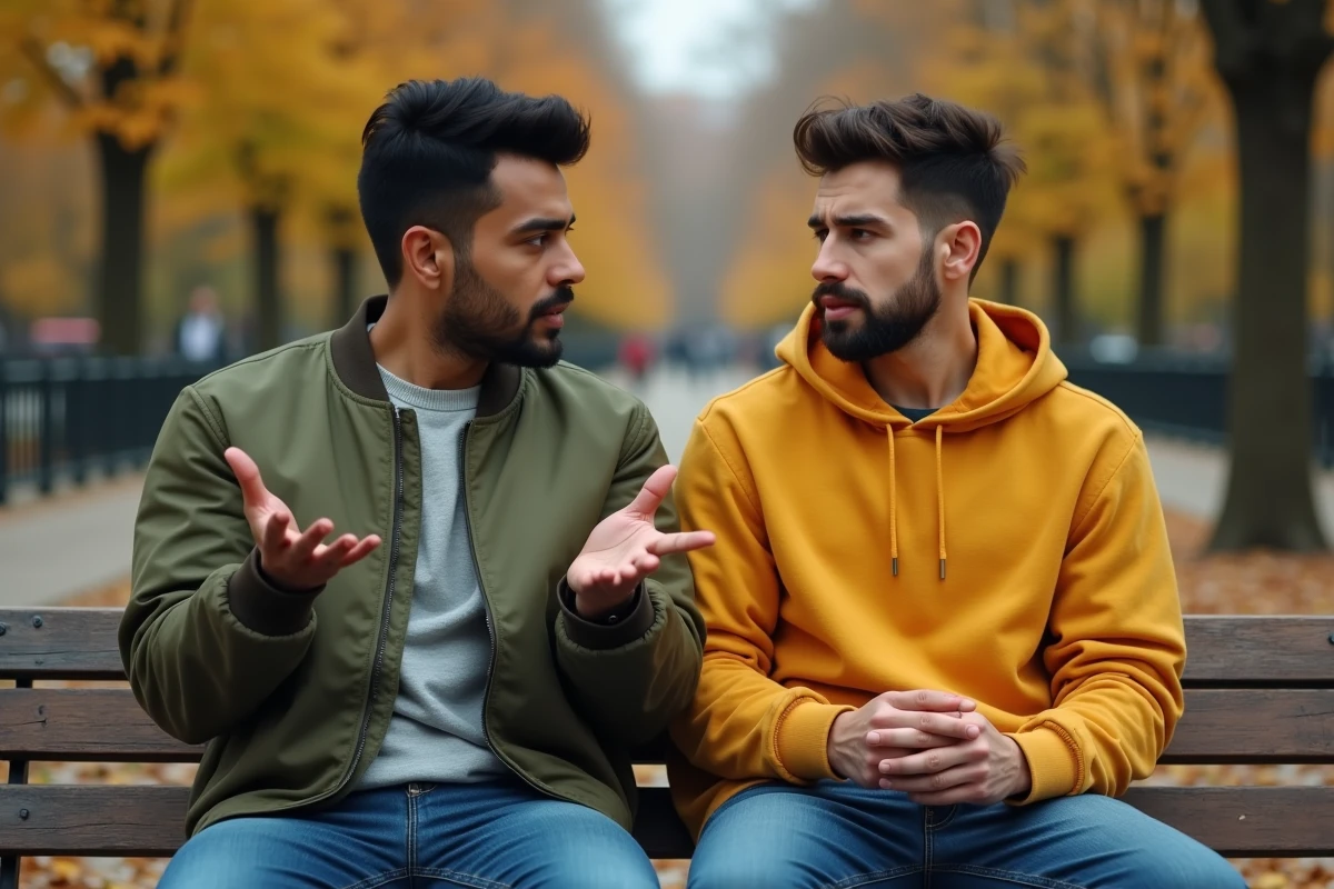 Deux amis sur un banc de parc, l'un s'excusant après une blague qui a blessé l'autre