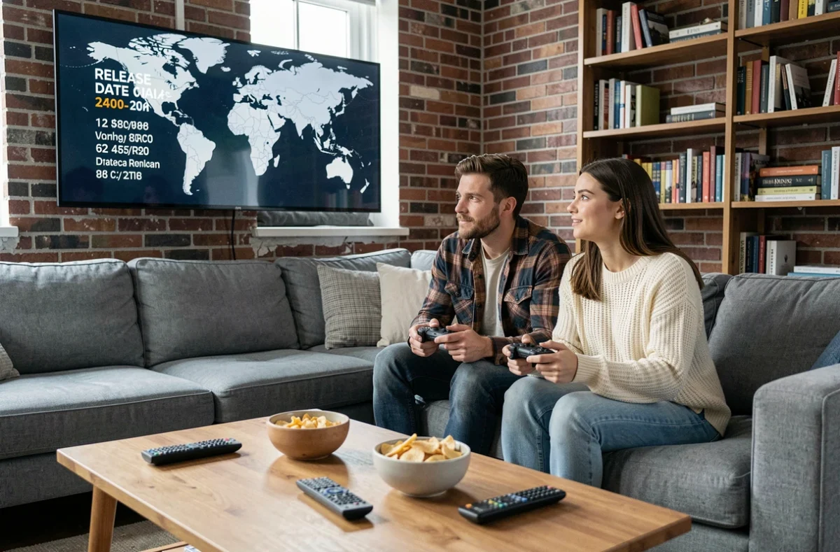 Deux amis vérifiant les heures de sortie de BF6 par pays sur leur télévision de salon