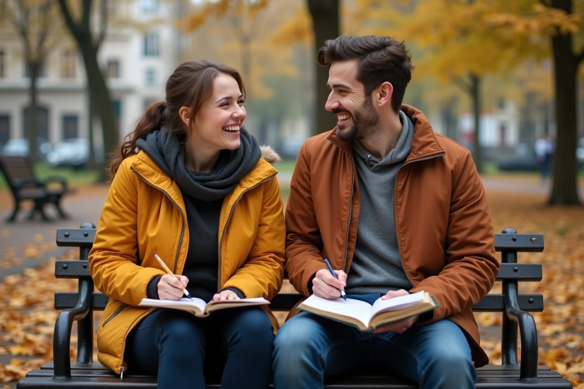Deux amis assis sur un banc de parc en automne cherchant ensemble des rimes en o dans leurs carnets de notes