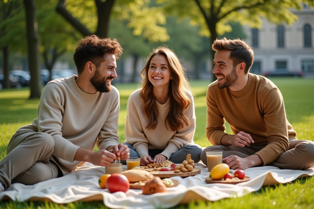 Trois amis profitant d un pique-nique dans un parc en ville