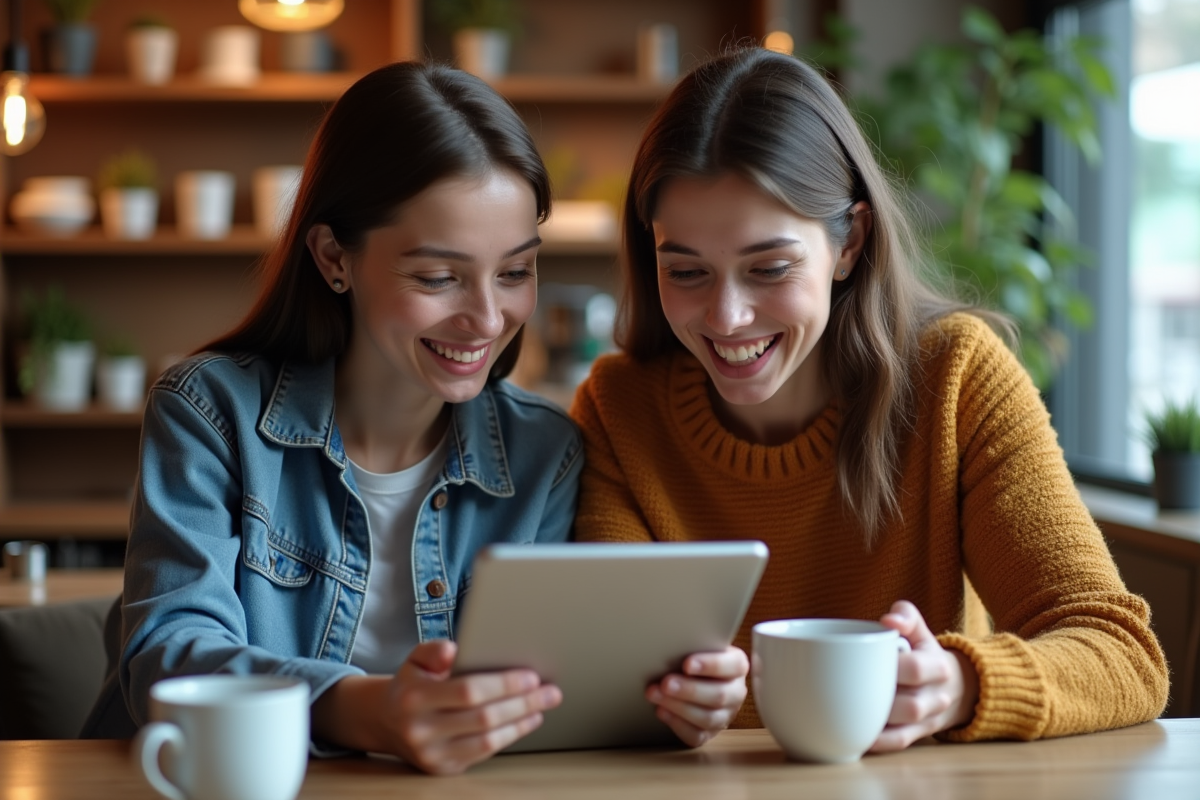 Deux amis discutant d une application financière au café