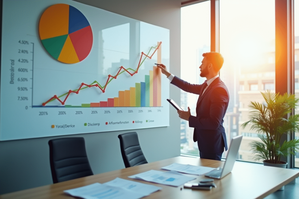Professionnel analysant un graphique en tarte 80/20 sur un mur moderne
