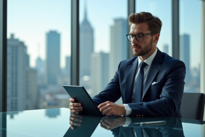 Analyste financier en costume à Paris avec skyline La Défense