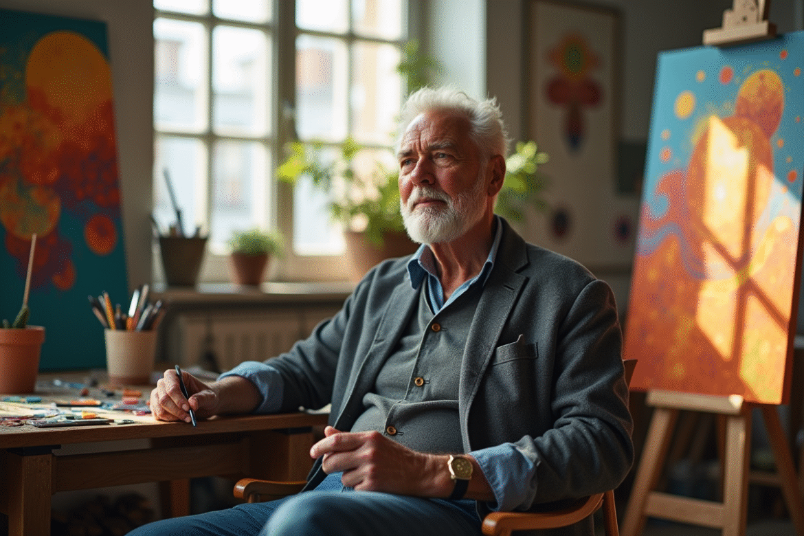 Homme dans son atelier d'art entouré de peintures abstraites