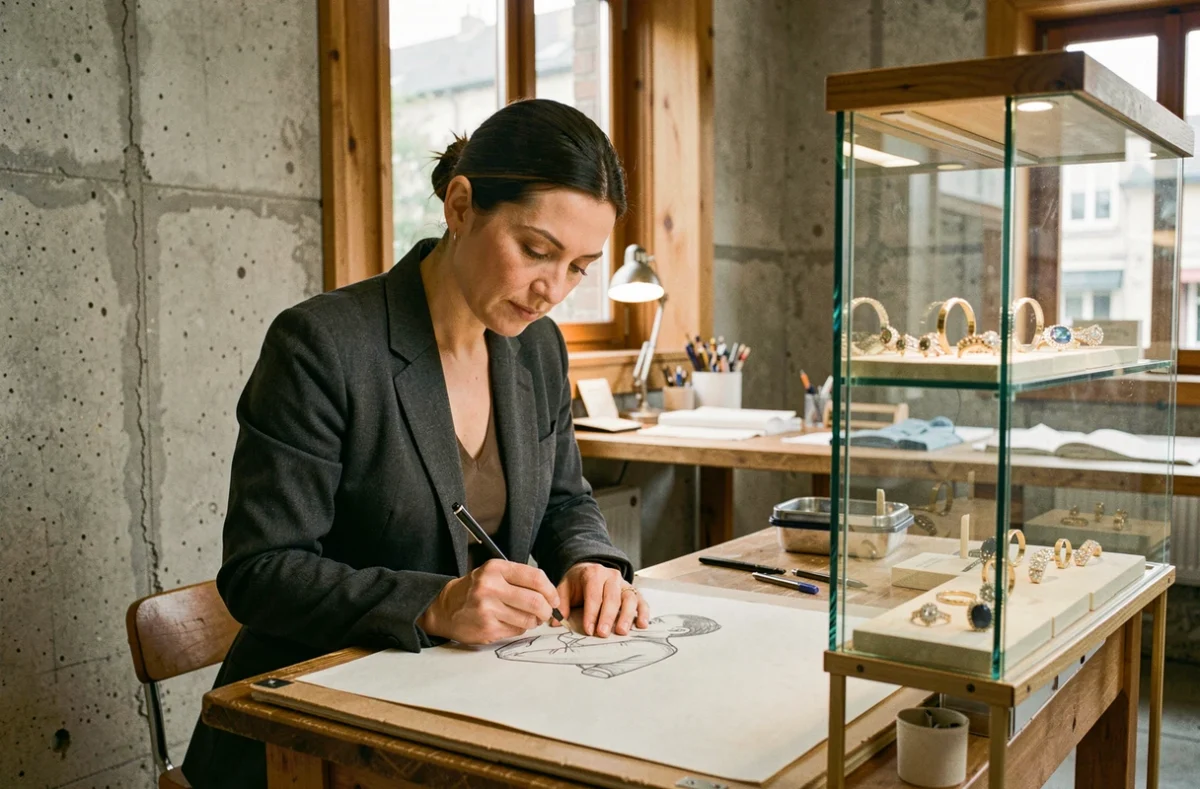 Créatrice de L'Atelier Joaillerie à Rennes dessinant un modèle de bijou dans son atelier avec des créations en vitrine