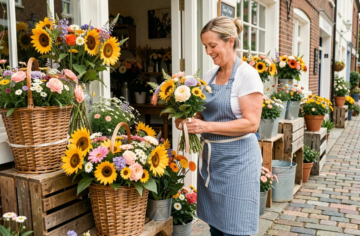 Fleuriste souriante finissant un bouquet champêtre devant la devanture Au Panier Fleuri dans le Puy-de-Dôme