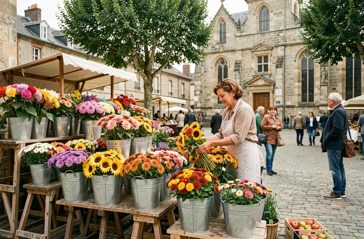 Stand de fleurs coloré au marché en plein air avec une fleuriste servant une cliente pour Aux Fleurs du Marché dans le Puy-de-Dôme
