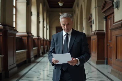 Avocat de la défense consultant des documents dans un couloir de palais de justice français, affaire juridique complexe
