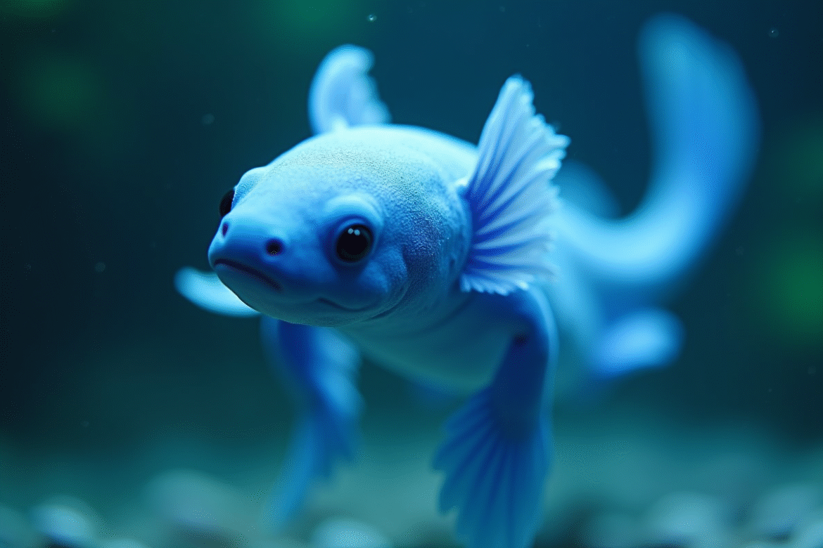 Axolotl bleu nageant dans un aquarium clair et lumineux