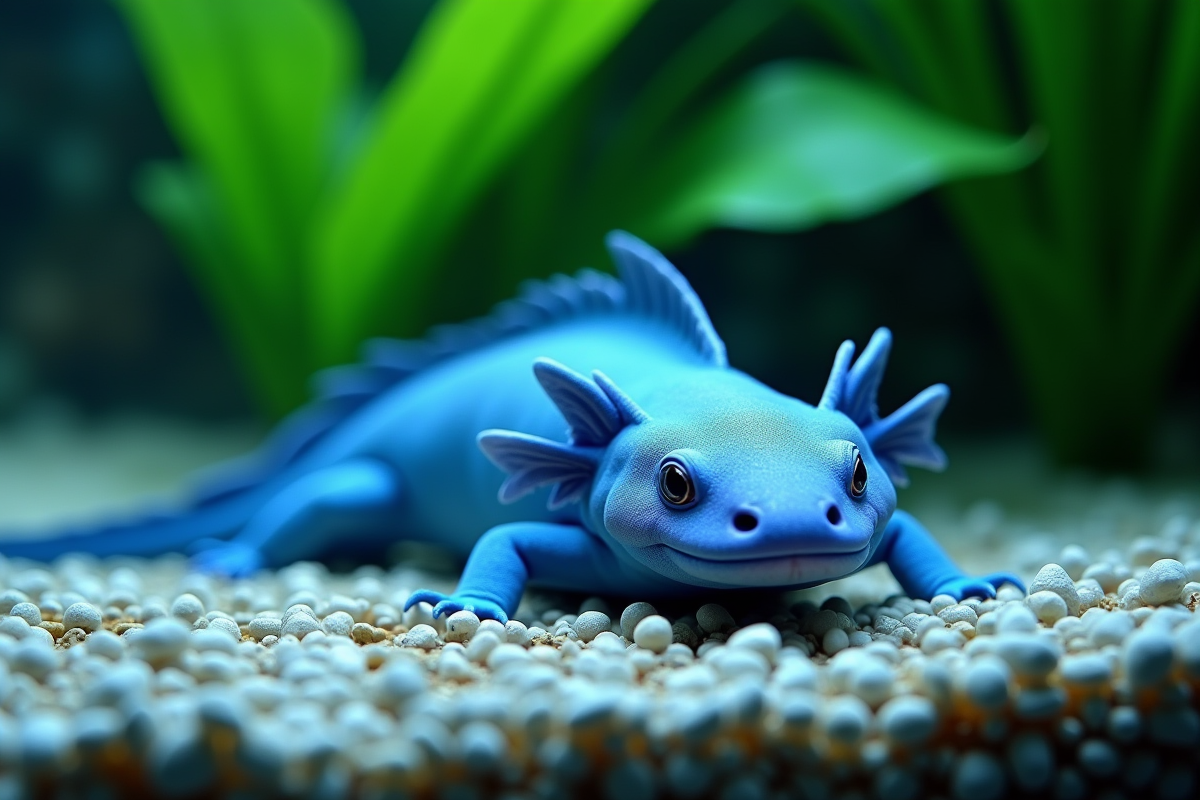 Axolotl bleu reposant sur du gravier dans un aquarium lumineux