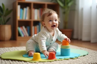 Bébé fille de 8 mois jouant avec des gobelets colorés
