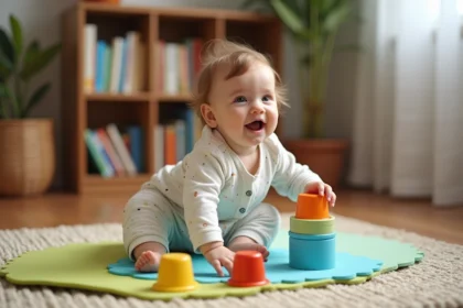 Bébé fille de 8 mois jouant avec des gobelets colorés