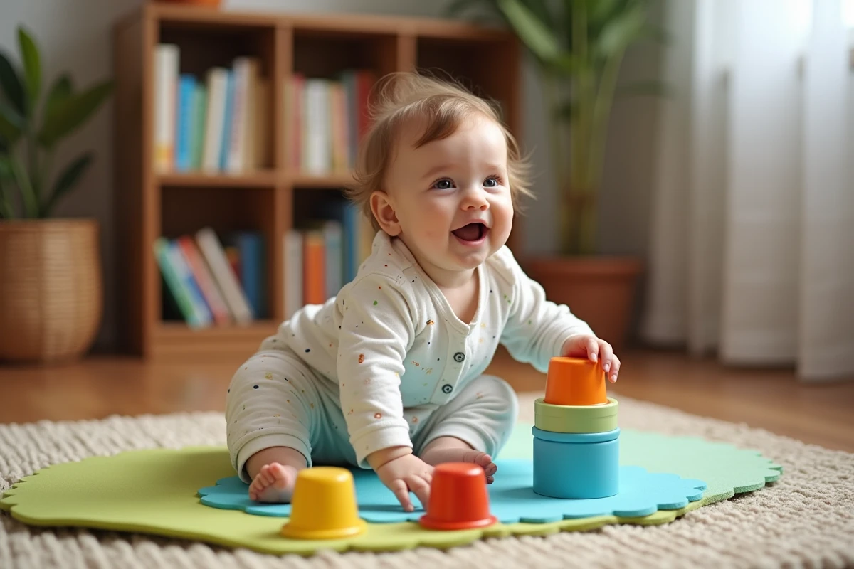 Bébé fille de 8 mois jouant avec des gobelets colorés