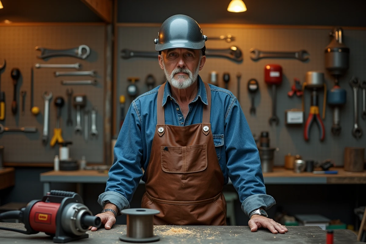 Bricoleur expérimenté en tablier de soudure cuir dans un atelier garage équipé d'outils professionnels de découpe et soudure métal