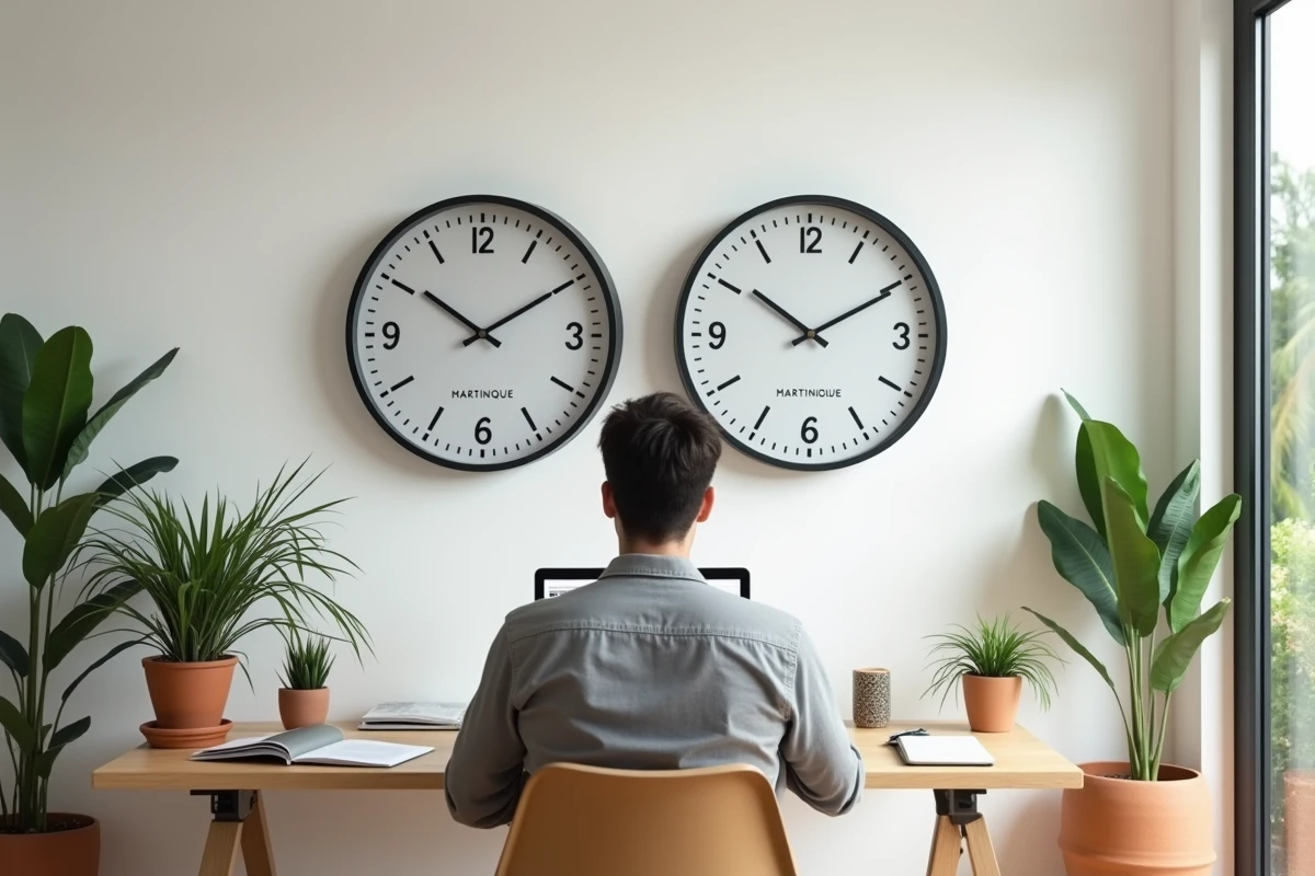 Bureau moderne avec deux horloges murales affichant l'heure de Paris et l'heure de la Martinique, symbolisant le décalage horaire entre les deux territoires
