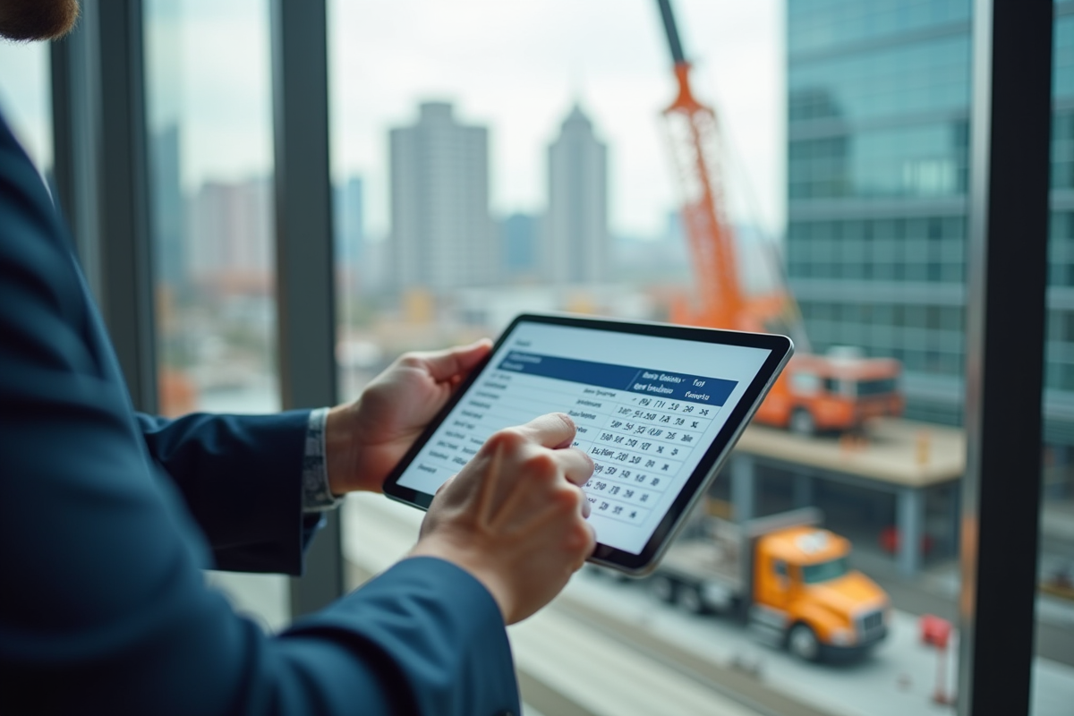 Homme d affaires consultent offres de grues sur une tablette