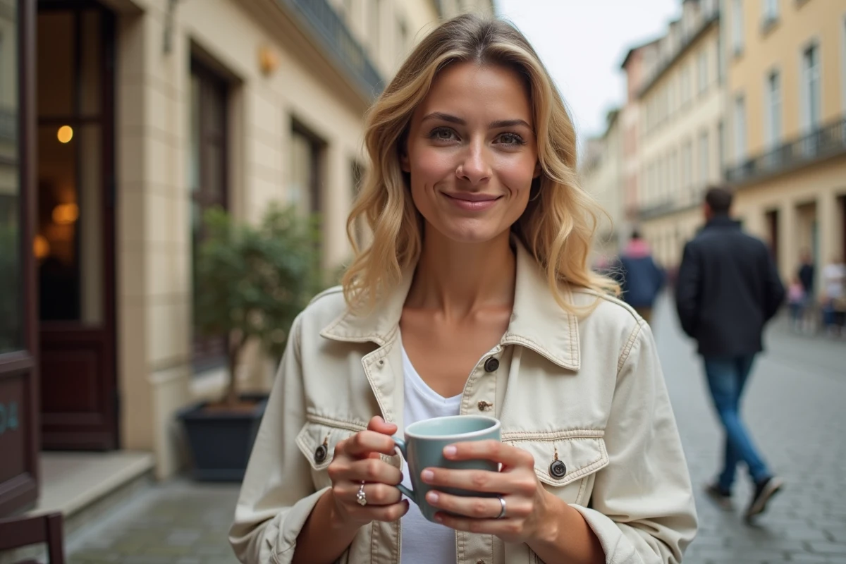 Femme savourant un café en terrasse dans le quartier Presqu'île de Lyon un dimanche matin ensoleillé