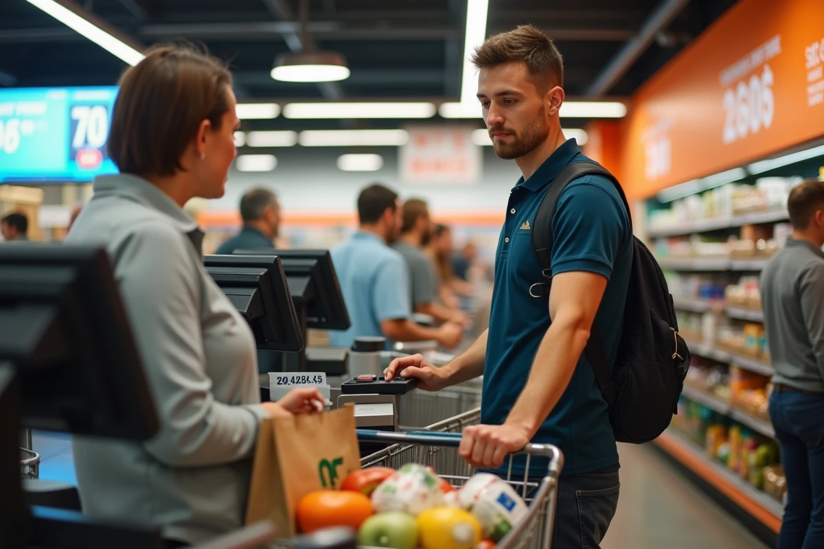 Caissier en uniforme Lidl enregistrant les achats d'un client lors de la journée d'ouverture du magasin