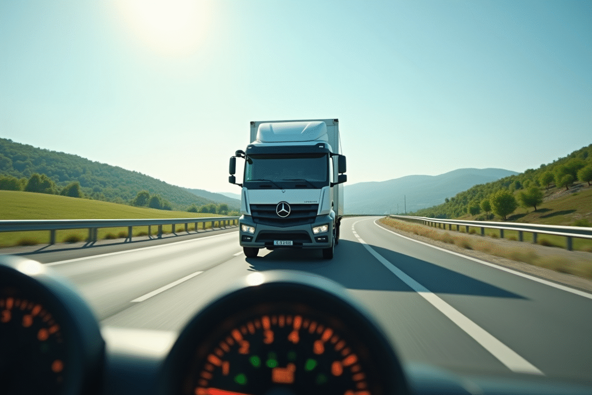 Camion blanc de 15m3 sur autoroute ensoleillée avec jauge de carburant