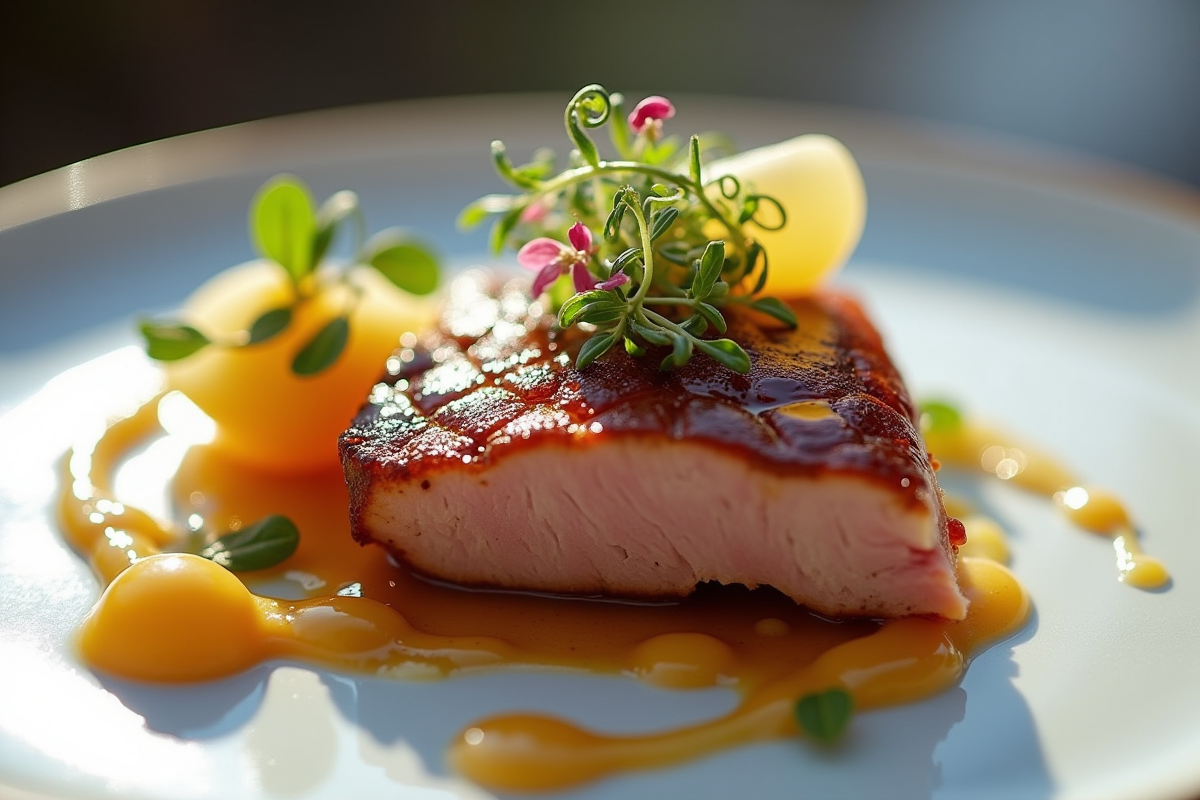 Magret de canard doré avec réduction de fruits sur assiette blanche
