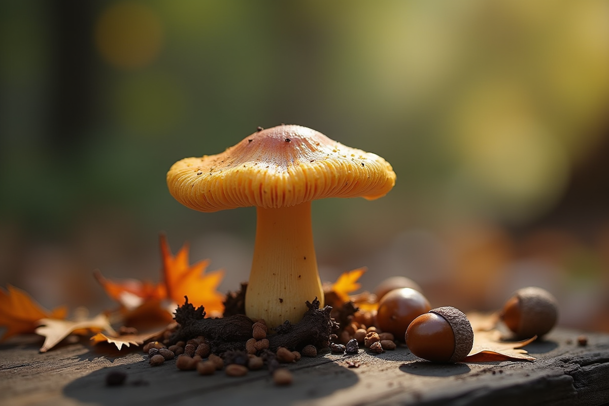 Chanterelle ashcolore sur table en bois avec elements de la foret