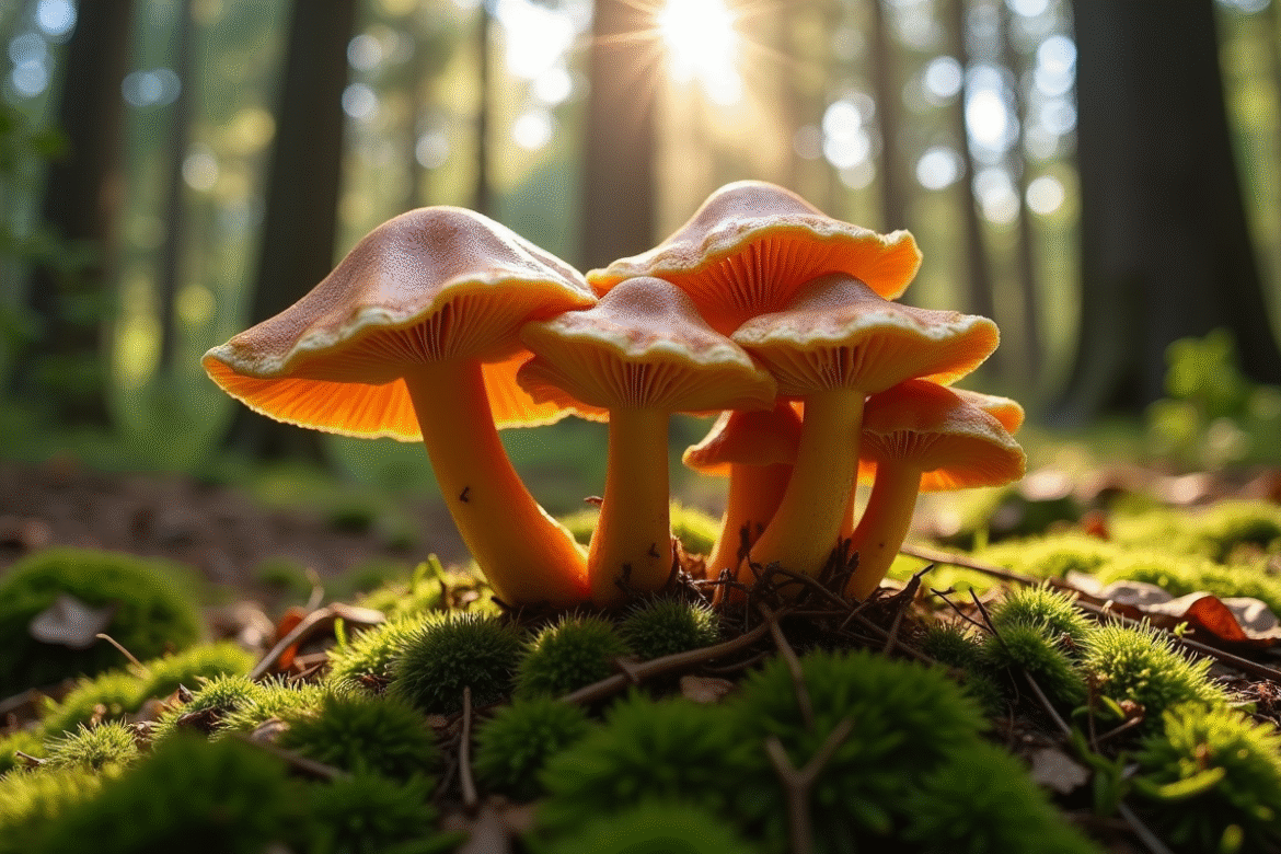 Champignons chanterelles ashcolores sur sol de foret verte