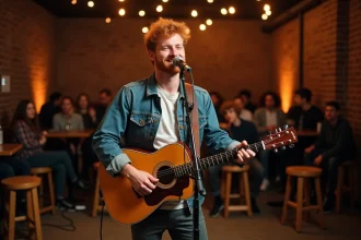 Chanteur anglais roux aux cheveux courts jouant de la guitare acoustique sur scène dans un petit bar en brique