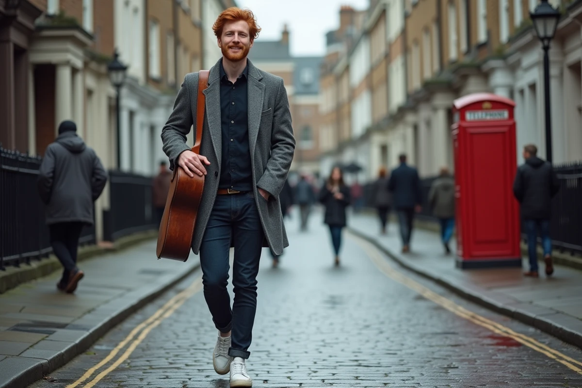 Chanteur anglais roux marchant dans une rue pavée de Londres avec une guitare sous le bras par temps couvert