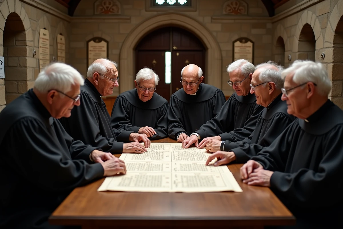 Groupe de choristes discutant d’un puzzle religieux dans l’église
