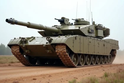 Char Leclerc de l'armée française sur un terrain d'entraînement, vue de trois quarts avant au ras du sol