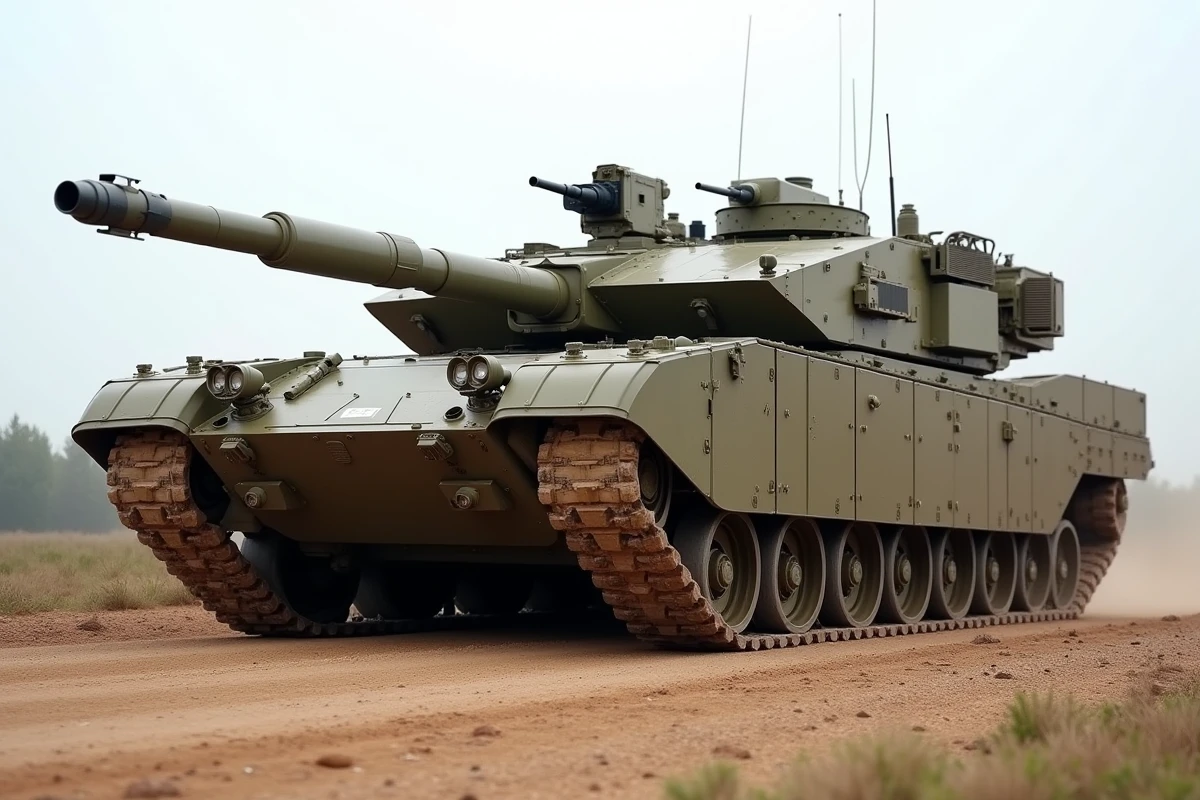 Char Leclerc de l'armée française sur un terrain d'entraînement, vue de trois quarts avant au ras du sol