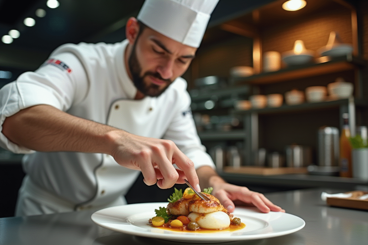 Chef en cuisine raffinée en train de dresser un plat gourmet