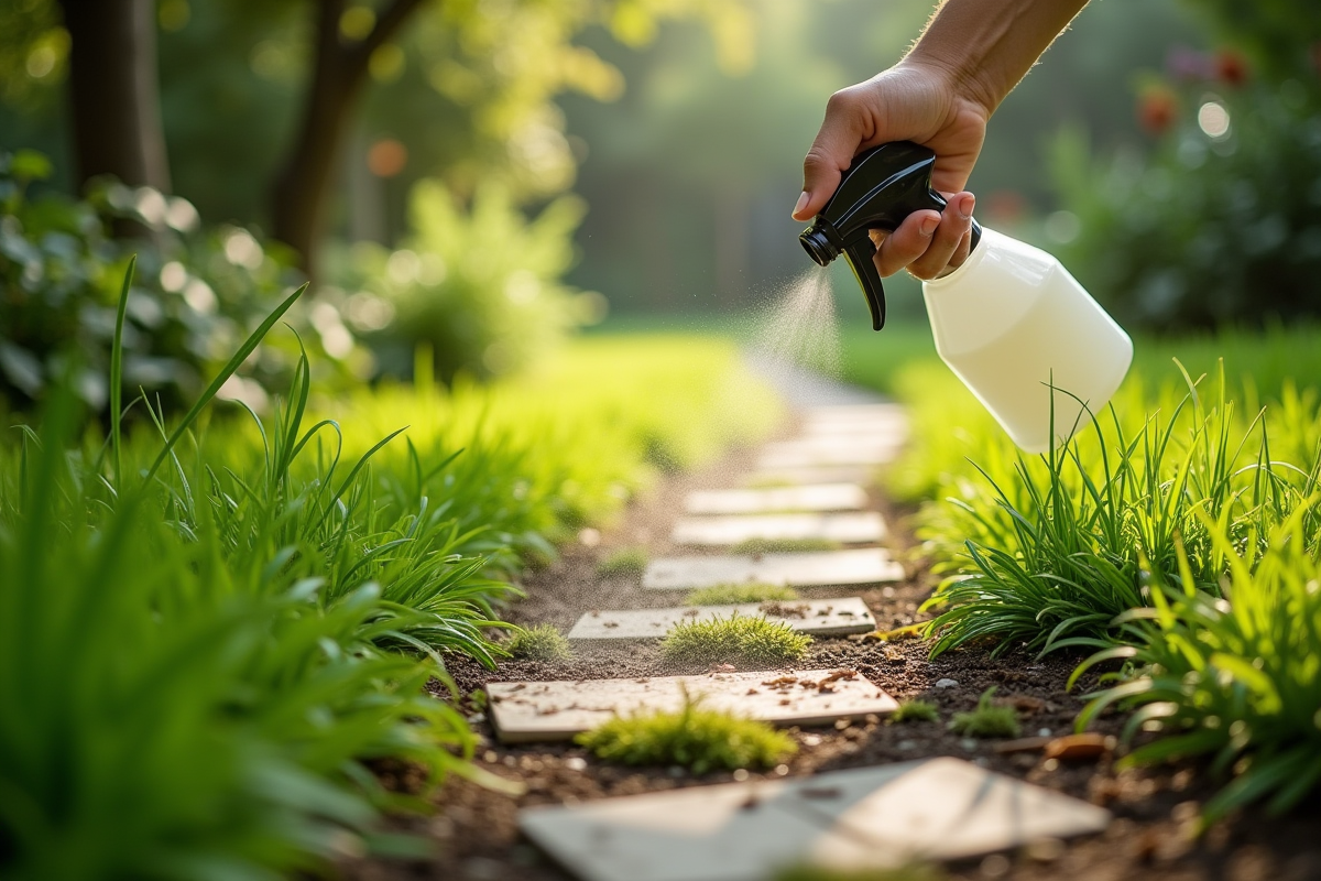 Chemin de jardin vert avec mauvaises herbes aspergees avec solution maison