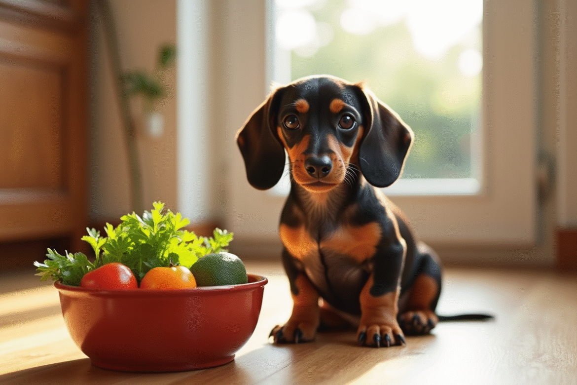 Petit chien dachshund curieux près d'un bol de légumes frais