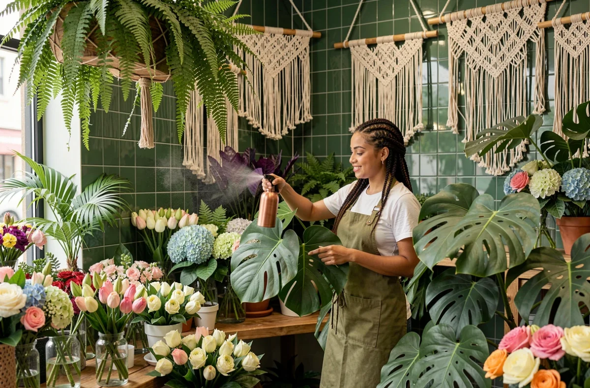 Fleuriste vaporisant un arrangement de feuillages tropicaux dans la boutique verdoyante Chlorophylle Fleurs dans le Puy-de-Dôme