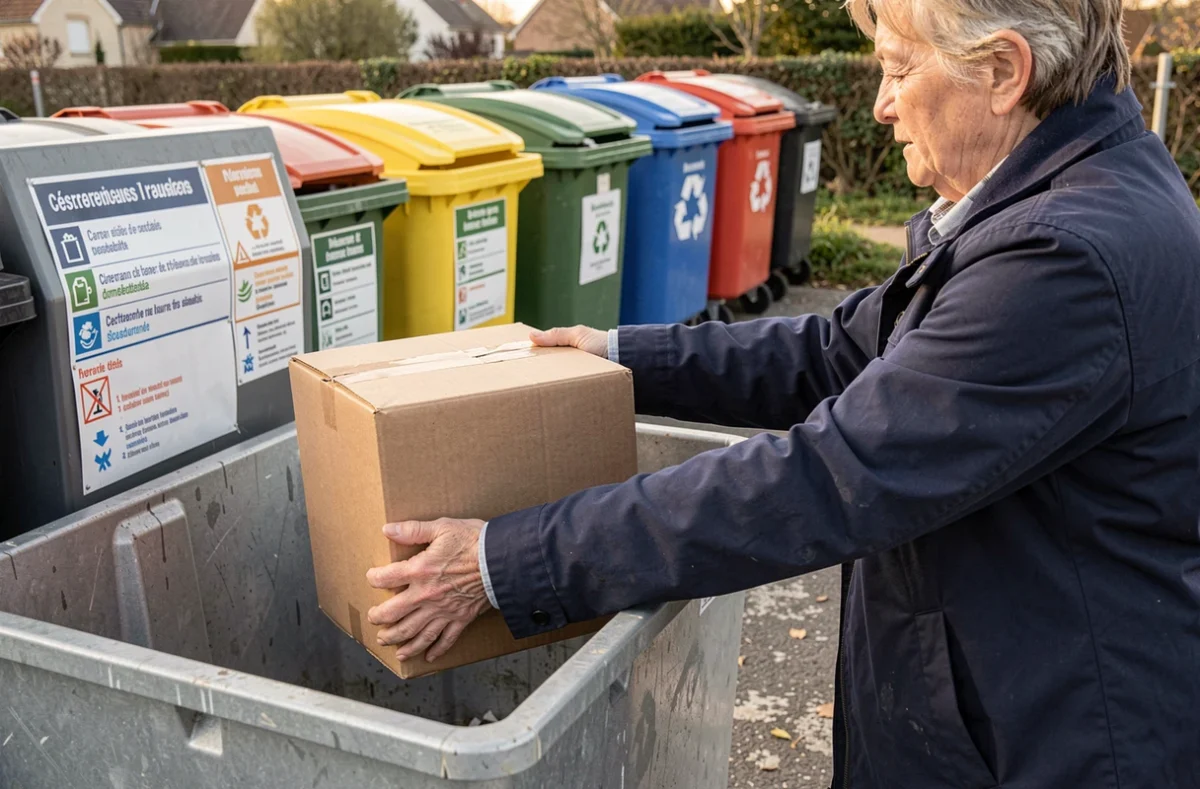 Femme déposant un carton aplati dans une benne de recyclage à la déchetterie communale, bacs de tri colorés visibles en arrière-plan