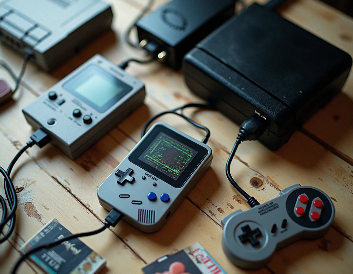 Collection de consoles de jeux rétro et cartouches vintage disposées en flat lay sur une table en bois usé pour un guide d'achat