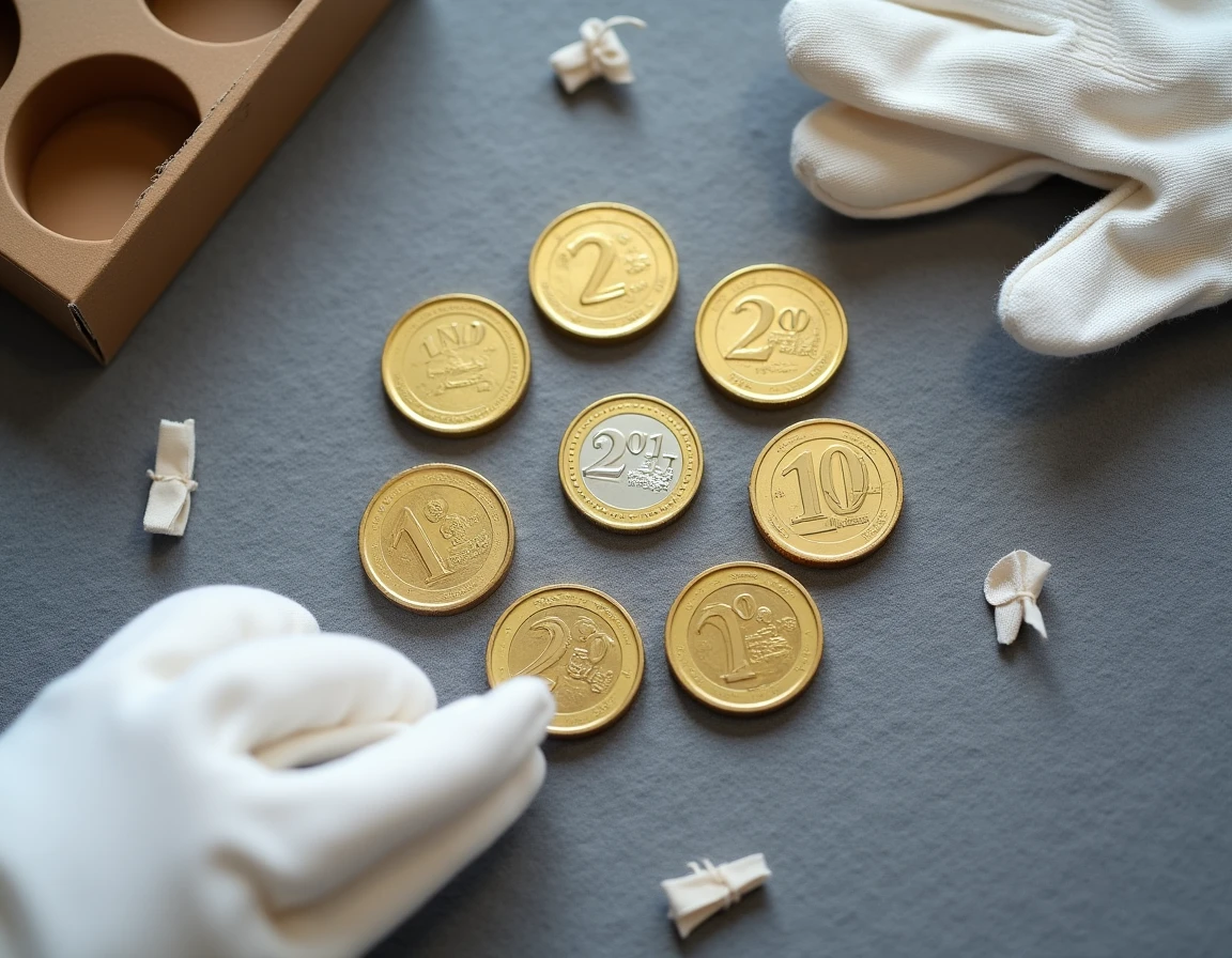 Collection de pièces de 2 euros rares disposées en demi-cercle sur feutre gris avec gants numismatiques et étiquettes de prix