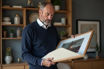 Collectionneur d'art en train de ranger une impression de Jean Bille