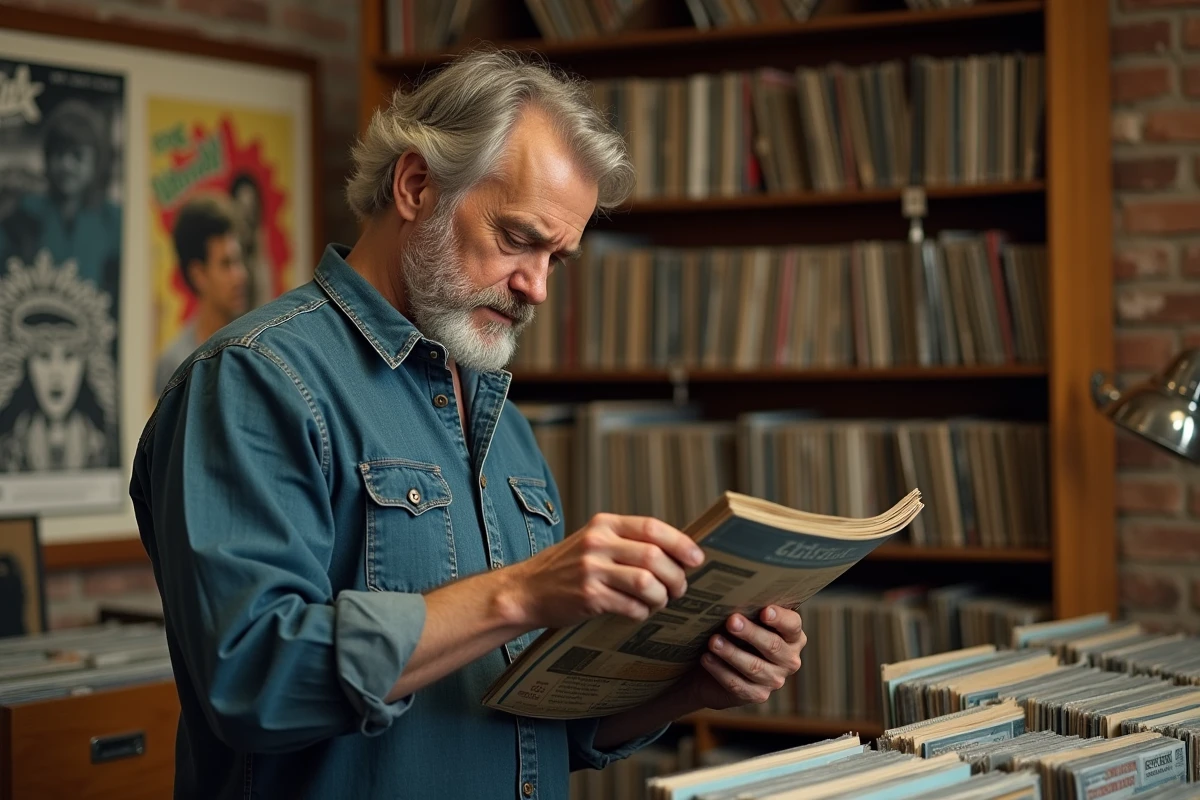 Collectionneur examinant la pochette d'un vinyle rare dans un magasin de disques vintage